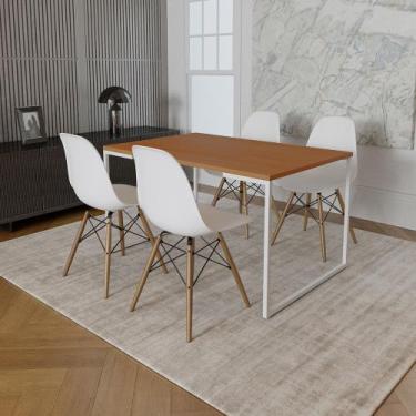 Imagem de Mesa Industrial Base Ferro Branco Tampo 137x90 Canela 4 Cadeiras Eames