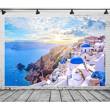 Imagem de CORFOTO Pano de fundo fotográfico de 1,5 x 0,9 m da Grécia na Grécia, Ilha de Santorini, Vila de Oia, faixa para festa temática da Grécia, decoração de aniversário de Mamma Mia, decoração de