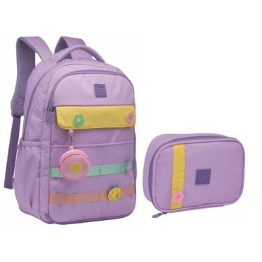 Imagem de Kit Mochila Feminina Juvenil Escolar Com Estojo E Chaveiro Abertura 18