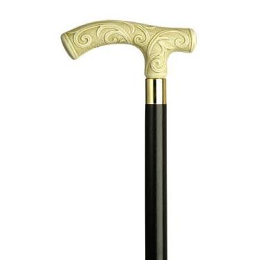 Imagem de Bengala de caminhada – Alça masculina de derby marfim antigo - alça de plástico durável de alto impacto com gola de latão no eixo de madeira preta, 91 cm de comprimento com ponta de borracha.