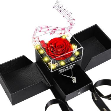 Imagem de Caixa de joias rosa, colar rosa real preservada com I Love You, conjunto de presente de flor eterna, caixa de joias criativa para mãe, namorada, dia dos namorados, aniversário, e presentes de