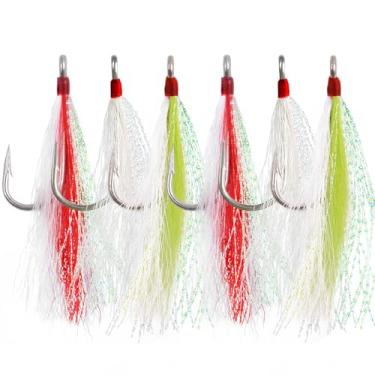 Imagem de Bucktail Teasers anzóis de pesca de água salgada plataforma de linguado Hi Lo Rig anzóis de pesca Bucktail Mylar Flash Teasers Jigs para linguado striper robalo bagre bacalhau 6 peças