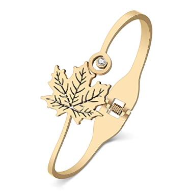 Imagem de BONSNY Bracelete de aço inoxidável banhado a ouro 18 quilates com folha de bordo leve para mulheres, amizade, dia de Ação de Graças, joias, presentes que não mancham, Medium, Aço inoxidável, Cristal
