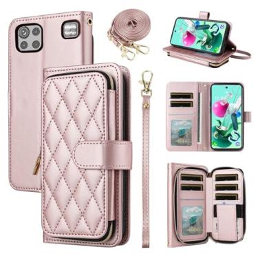 Imagem de Furiet Argyle Capa carteira para LG K92 5G com alça de pulso, 9 + compartimentos para cartão com zíper bolsa de couro PU de luxo capa de celular xadrez para LGK925G K 92 92K LMK920AM Q92 G5 ouro rosa