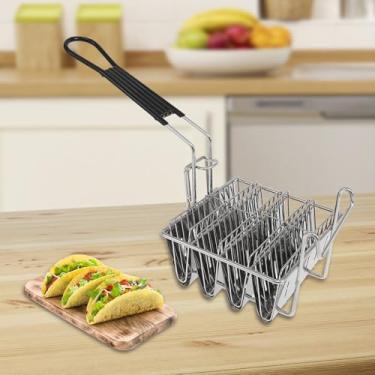 Imagem de Cesta de fritadeira de taco, cesta de fritura de aço inoxidável, cesta de fritura de tortilha, cesta de fritura de taco com alça destacável, suporte de taco para uso comercial e doméstico