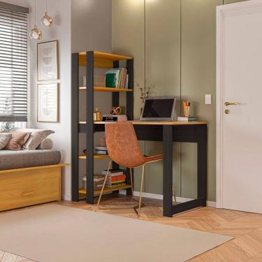 Imagem de Mesa Escrivaninha com Estante e 4 Prateleiras Licce Freijó /Preto