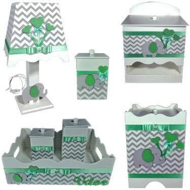 Imagem de Kit Higiene bebê Mdf decorado 7 pçs - CHUVA DE AMOR CHEVRON CINZA E VE