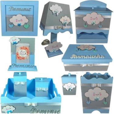 Imagem de Kit Higiene bebê Mdf 10 peças menino -  CHUVA DE AMOR AZUL BB COM CINZ