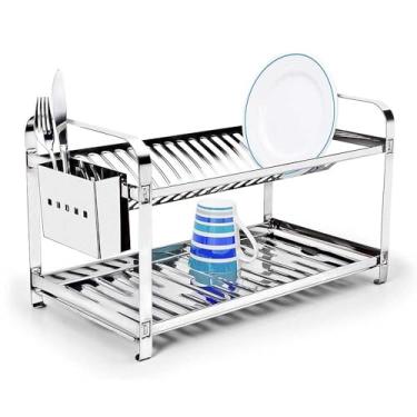 Imagem de Kit Escorredor LouçA 16 Ou 20 Pratos Inox Porta Talheres Em Inox + Bandeja Coletora(20 Pratos)