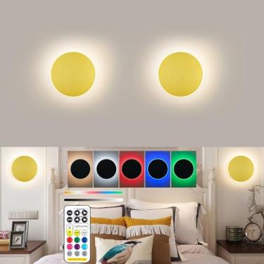 Imagem de Arandelas de parede operadas por bateria, luz de parede dourada recarregável estilo eclipse solar com controle remoto sem fio, regulável, 9 modos de cores, arandela de bateria sem fio, lâmpada de