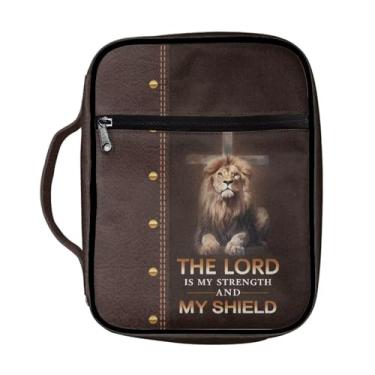 Imagem de COEQINE Capa Bíblica Masculina Marrom Estojo de Transporte Bíblico para Homens Meninos, Leão Legal e Padrão Cruz Capa Suporte Bíblica The Lord Is MY Strength And My Shield