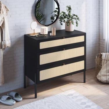 Imagem de Cômoda oslo 3 gavetas palhinha base madeira hanover ou nero - artesano