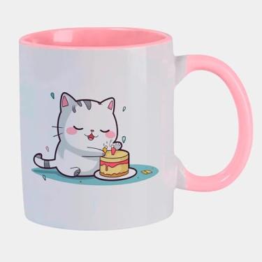 Imagem de Caneca Branca com Alça e Interna Rosa Porcelana - GATO BRANCO BOLO ANIVERSARIO