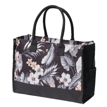 Imagem de ESVAN Sacola de lona personalizada para presentes de linho, bolsas de mão com fecho de zíper inicial, bolsa utilitária retrô, Folha cinza preta