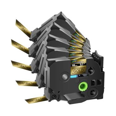 Imagem de POPOBUY Fita dourada laminada TZ TZe de 18 mm 0,7 compatível com Brother P Touch TZ841 TZ-841 TZe-841 TZe841 para etiquetadora PTD410 PTD400 PTD610BT PTD600, pacote com 5, preto sobre dourado