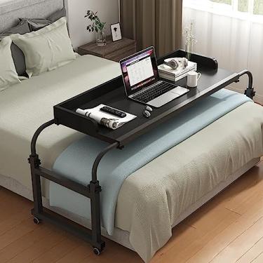 Imagem de Mesa de cabeceira móvel com 4 rodas, mesa de cabeceira ajustável sobre a cama 115-210 cm, mesa de computador, mesa de trabalho, bandeja de alimentos, rolante, médica, para casa, quarto