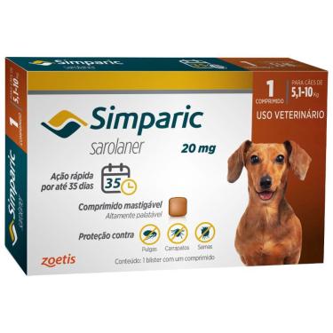 Imagem de Simparic 20 mg Antipulgas e Carrapatos para cães 5,1 a 10 kg 1 Compr