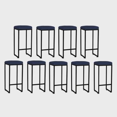Imagem de Kit 09 Banqueta Alta Lara Para Cozinha Bar Balcão Bistrô Churrasqueira Ferro Bronze Suede Azul Marinho - Ahz Móveis