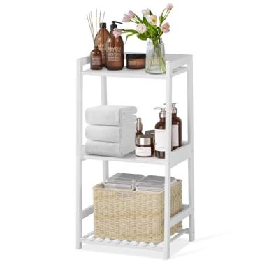 Imagem de POXAKA Prateleiras de banheiro de bambu de 3 camadas, prateleira de escada para armazenamento, organizador de casa rústica, design que economiza espaço, mesa de cabeceira elegante, solução de