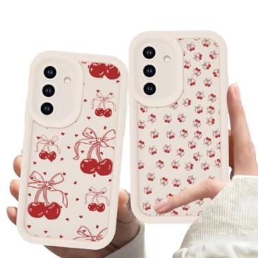 Imagem de Zrutru Pacote com 2 capas de telefone cereja para Samsung Galaxy A56 de 6,7 polegadas, lindas capas estéticas com estampa de laço kawaii para meninas e mulheres, bege, macia, antiarranhões, à prova de