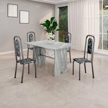 Imagem de Conjunto de Mesa Tubular 120cm X 75cm Tampo Granito Topázio com 4 Cadeiras Lara Preto/Prata