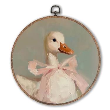 Imagem de Hxlac Arte de parede redonda de pato com laço rosa Coquette, decoração de parede redonda feminina preppy girly, impressões em tela vintage de pato feminino, esculturas de parede para quarto de meninas