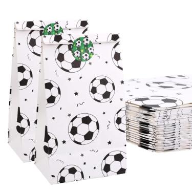 Imagem de BOXOB 24 sacos de papel de lembrancinha de festa de futebol com adesivos, presente temático de futebol, doces, lanches e guloseimas para equipes, crianças, adolescentes, adultos, jogos de aniversário