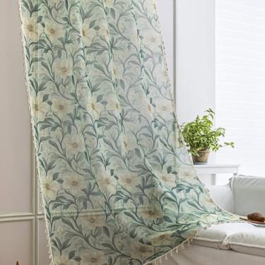 Imagem de Erbnaryx Cortinas transparentes florais verdes de 213 cm de comprimento, bordas com franjas e cortinas semitransparentes texturizadas, tratamentos de janela grande para sala de estar/quarto, 2 painéis