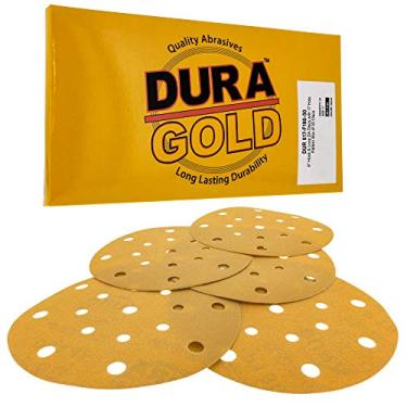Imagem de Dura-Gold – Premium – 220 Graus – discos de lixamento de ouro de 15 cm – Gancho e laço sem pó com padrão de 17 furos para lixadeira DA – Caixa com 50 discos de lixa de acabamento para trabalho em madeira ou automotivo, 617-F180-50, 180-Grit
