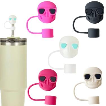 Imagem de AIOMISKO Capas de palha, topos de silicone macio, cabem em canudos de 10 mm, compatíveis com Stanley Cup 30 e 1,134 g, acessórios reutilizáveis à prova de poeira, coroa de arco de flor, caveira