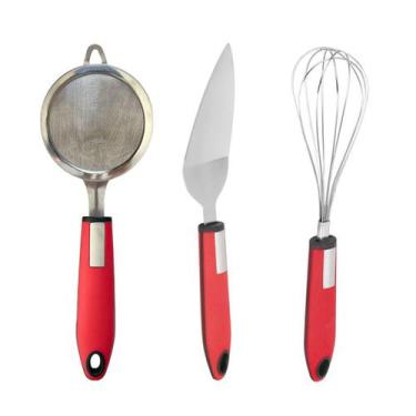 Imagem de Kit Cozinha - Peneira Inox Espátula E Batedor Vermelho - Unyhome