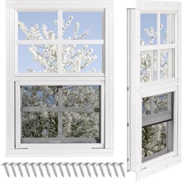 Imagem de NOTASA Janelas de galinheiro pacote com 2, janelas de galinheiro 35.6 cm x 53.3 cm com vidro temperado e tela de fibra de vidro, pequena janela embutida para galpão, celeiros, teatro, casa, garagem