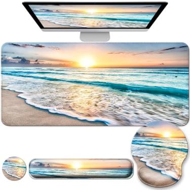 Imagem de VINEBURY Conjunto De Apoio Para Pulso, Teclado E Mouse, Grande, Xxl, Capa Fosca, Mousepad Ergonômico Com Espuma Viscoelástica Mulheres, Computador Mesa Escritório - Azul, Pôr Do Sol, Praia
