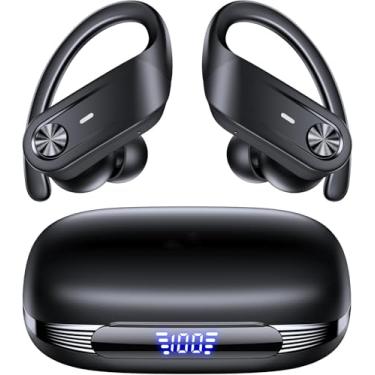 Imagem de Fones de ouvido sem fio Bluetooth, à prova d'água IPX7, display LED de energia, fones de ouvido esportivos com gancho de orelha e microfone, até 80 horas de reprodução