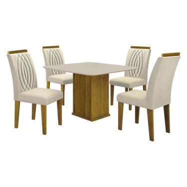 Imagem de Mesa de Jantar Napoli 90x90 Freijó Decor Off White com 4 Cadeiras Doha MDF Freijó Joli Palha - Leifer Móveis