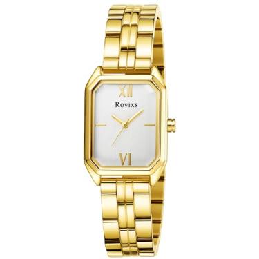 Imagem de Rovixs Relógio feminino elegante, pequeno, dourado, analógico à prova d'água com pulseira de aço inoxidável, Ouro e rosto branco