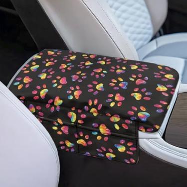 Imagem de Dreaweet Capa de descanso de braço de pata de cachorro tie dye para carro feminino capa grossa para console central com bolsos macio e confortável almofada de apoio de braço de carro capas de console