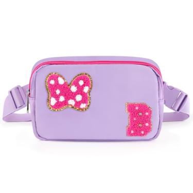 Imagem de Pochete com laço com letra inicial de chenille, bolsa tiracolo impermeável para parque, presentes de aniversário de Natal para adolescentes, meninas, mulheres, crianças, adultos, bolsa de cinto fofa