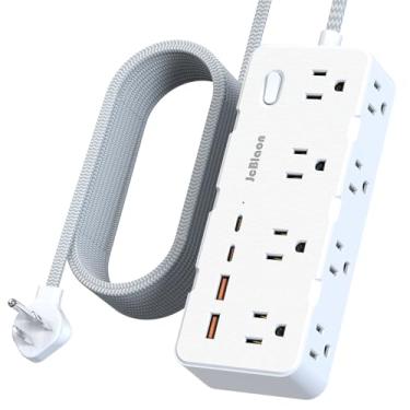 Imagem de JcBlaon Protetor De Surtos Energia - Adaptador Tomada Com 8 Tomadas Amplas E 4 Portas Usb (2 Usb-C), Cabo Extensão 1,5 M, Plugue Plano Ultrafino 45 °, Suporte Parede Para Escritório, Viagem, Dormitó