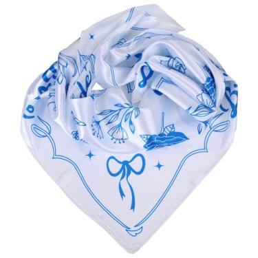 Imagem de lasuroa Lenço Cabeça Noiva, Bandana Despedida Solteira 60x60cm Lenço Chapéu Seda Branco e Azul Hijab Nupcial Elegante Casamento Touca Dama Honra para Acessório Festa Praia e Chá Panela
