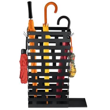 Imagem de Suporte de guarda-chuva de 58 cm para entrada interna, grande suporte de guarda-chuva de metal com bandeja de água removível e ganchos, armazenamento de guarda-chuva para casa, escritório, hotel