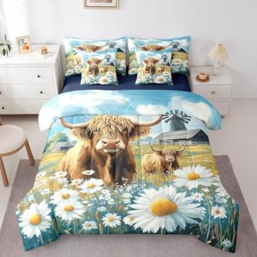 Imagem de Conjunto de cama rústica com 7 peças, gado das terras altas, margaridas e flores de madeira, para meninos e meninas, animais selvagens (edredom + lençol de cima + 2 fronhas + 2 fronhas de travesseiro)