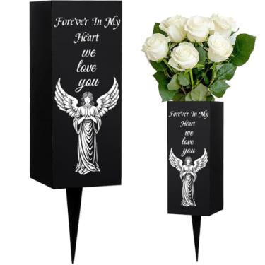 Imagem de WEBEEDY Decorações de vasos de cemitério para túmulos com espigas, vaso de metal com padrão de anjo decoração memorial para cemitério, funeral, dia dos pais, feliz aniversário celestial, 8 x 19 cm