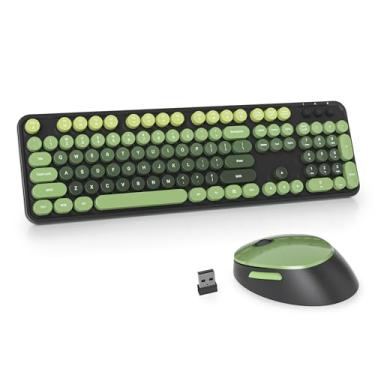 Imagem de Owpkeenthy Teclado e mouse sem fio, lindo teclado retrô sem fio de tamanho completo com teclado numérico, receptor USB sem fio de 2,4 GHz para computador (verde escuro)