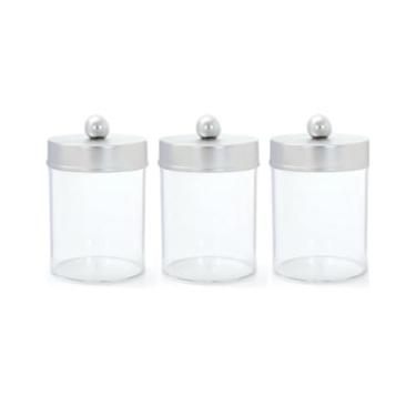 Imagem de 3 peças de suporte Qtip, frascos de boticário rosa transparente com bandeja de madeira para bolas de algodão, cotonetes, decoração de casa de fazenda, acessórios para pincéis de maquiagem, batom