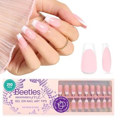 Imagem de beetles Gel Polish Unhas Postiças French Tip Press - 210 Peças, Curtas Rosa, 4 Em 1, Pontas De Gel, Sem Necessidade Lixar, Primer E Base Pré-Aplicados, Reutilizáveis Para Arte