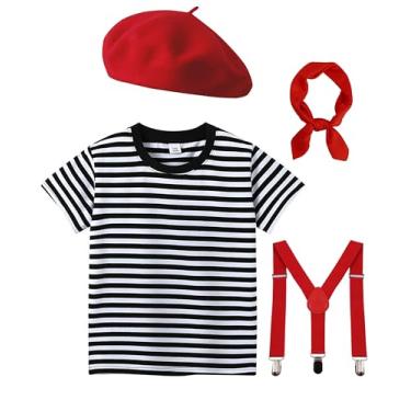 Imagem de RISEROAD Fantasia de artista de mímica infantil para meninos e meninas, roupa de artista francês, traje de Halloween cosplay 2-8 anos, Conjunto de 4 peças, 8-9y