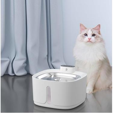 Imagem de Bebedouro para gatos de aço inoxidável de 3,2 L/12 oz, fonte de agua para gato com sensor, sem fio, operado por bateria, com 3 filtros, duas cabeças de fonte, escova de limpeza