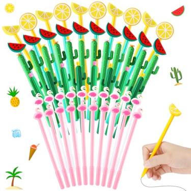 Imagem de Maitys 60 canetas esferográficas Hawaiia Luau a granel 0,5 mm tinta gel preta verão bonito flamingo, melancia, cacto, limão, frutas canetas, para escritório, casa, lembrancinhas de festa, material de