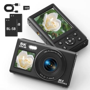 Imagem de Câmera digital, câmera de tela dupla 5K 80MP com zoom digital de 18x, câmera vlogging compacta para adolescentes, câmera elegante para jovens e GIF, cartão de 32 GB e 2 baterias, preta